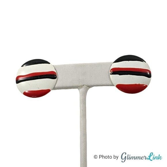 Vintage Fun Striped Black Red & White Enamel Circle Earrings - Picture 1 of 9